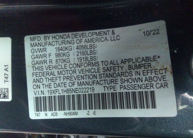 2022 HONDA CIVIC HATCHBACK(VIN: 19XFL1H85NE022219