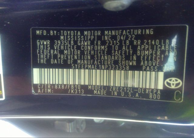 2022 TOYOTA COROLLA(VIN: 5YFEPMAE1NP323358
