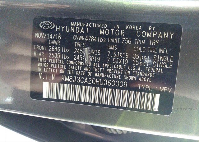 KM8J3CA20HU360009 2017 HYUNDAI TUCSON