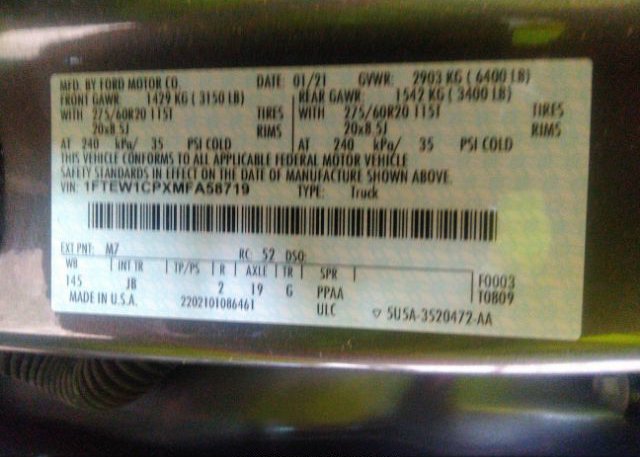 2021 FORD F-150(VIN: 1FTEW1CPXMFA58719