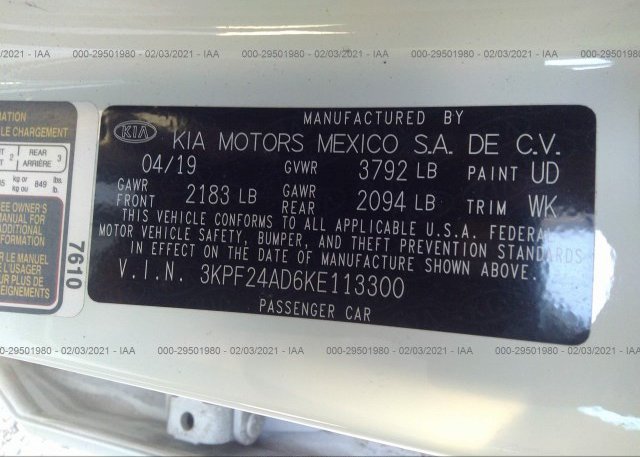 3KPF24AD6KE113300 2019 KIA FORTE