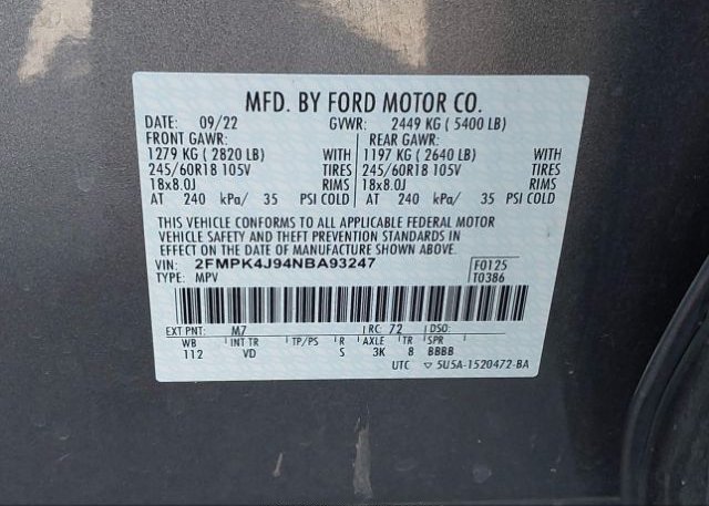 2022 FORD EDGE(VIN: 2FMPK4J94NBA93247