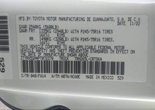 2023 TOYOTA TACOMA 2WD(VIN: 3TYRX5GN4PT072378