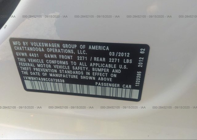 1VWBH7A38CC073538 2012 VOLKSWAGEN PASSAT