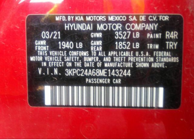 2021 HYUNDAI ACCENT(VIN: 3KPC24A68ME143244