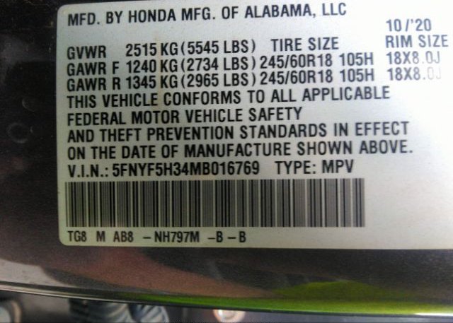 2021 HONDA PILOT(VIN: 5FNYF5H34MB016769