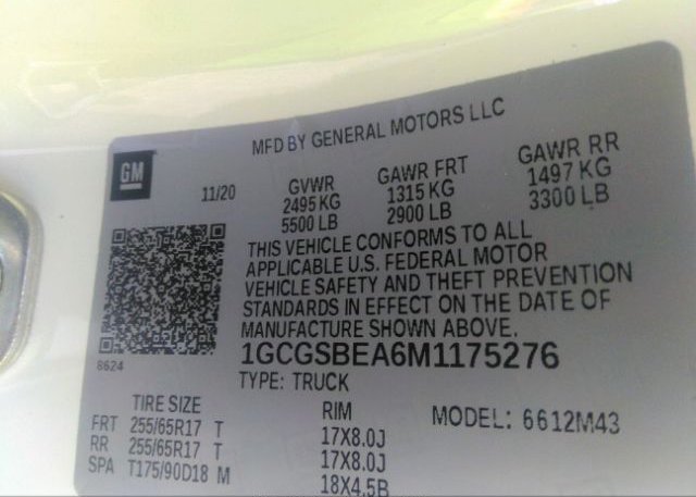 2021 CHEVROLET COLORADO(VIN: 1GCGSBEA6M1175276