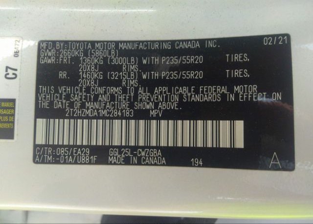 2021 LEXUS RX(VIN: 2T2HZMDA1MC284183