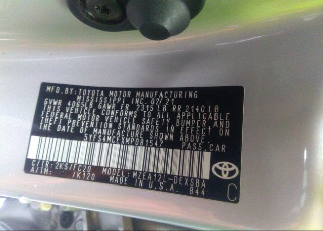 2021 TOYOTA COROLLA(VIN: 5YFS4MCEXMP081547