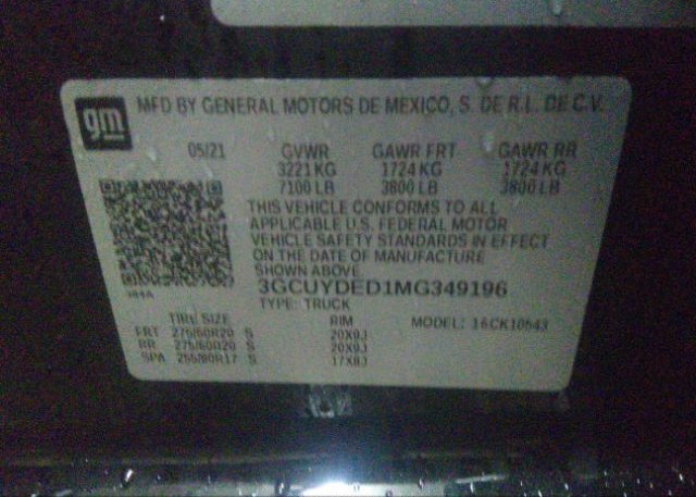 2021 CHEVROLET SILVERADO 1500(VIN: 3GCUYDED1MG349196