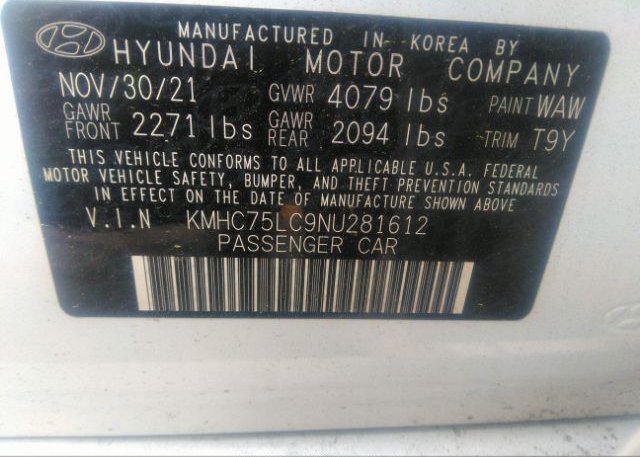 2022 HYUNDAI IONIQ HYBRID(VIN: KMHC75LC9NU281612