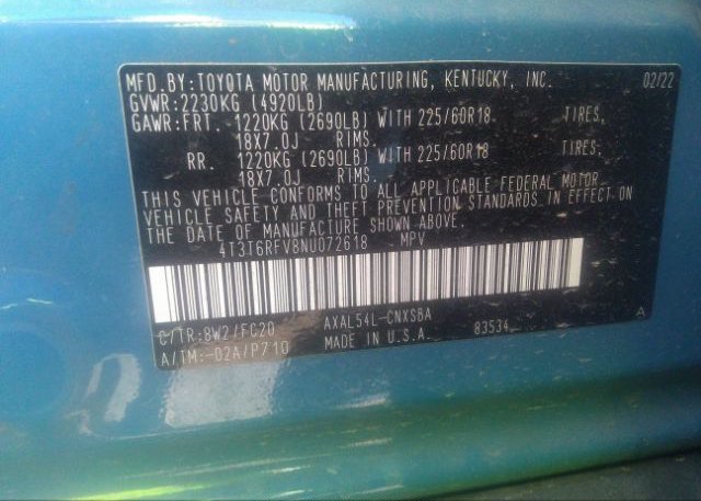 2022 TOYOTA RAV4(VIN: 4T3T6RFV8NU072618