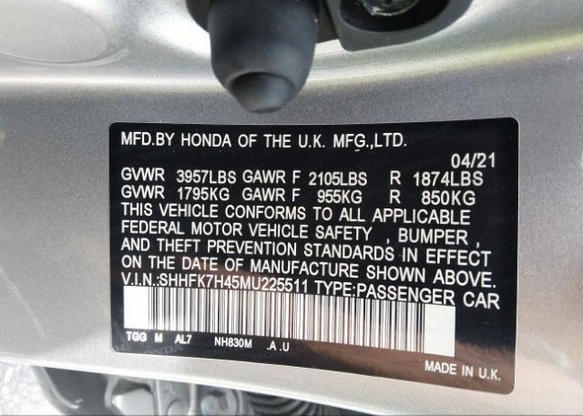 2021 HONDA CIVIC HATCHBACK(VIN: SHHFK7H45MU225511