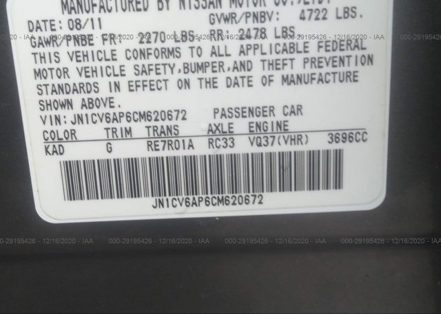 JN1CV6AP6CM620672 2012 INFINITI G37 SEDAN