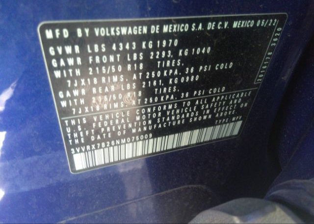2022 VOLKSWAGEN TAOS(VIN: 3VVRX7B26NM075009