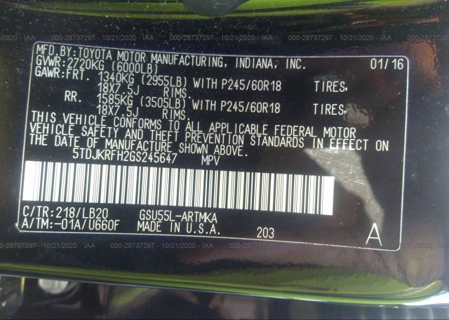5TDJKRFH2GS245647 2016 TOYOTA HIGHLANDER