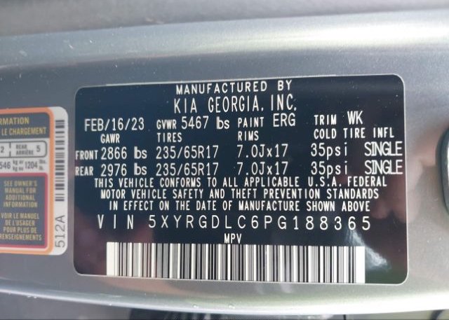 2023 KIA SORENTO(VIN: 5XYRGDLC6PG188365