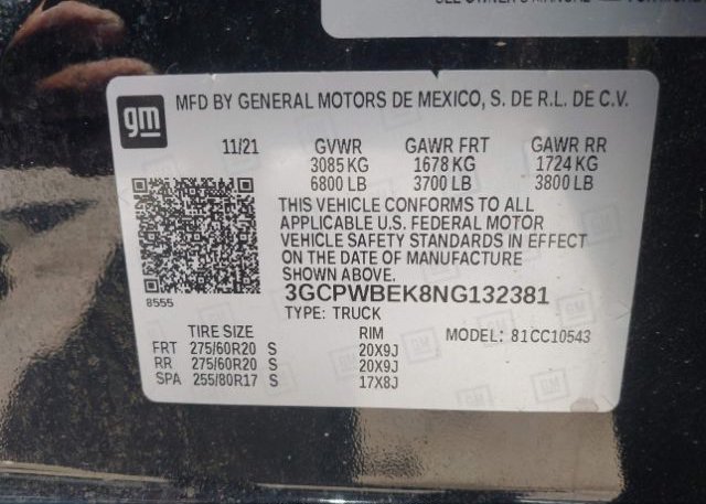 2022 CHEVROLET SILVERADO 1500 LTD(VIN: 3GCPWBEK8NG132381