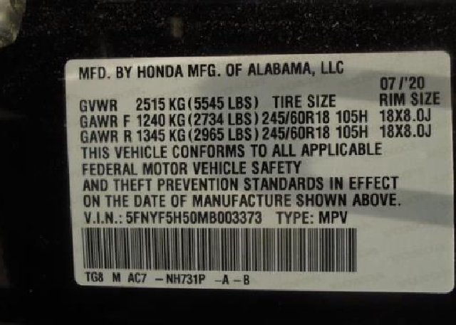 2021 HONDA PILOT(VIN: 5FNYF5H50MB003373