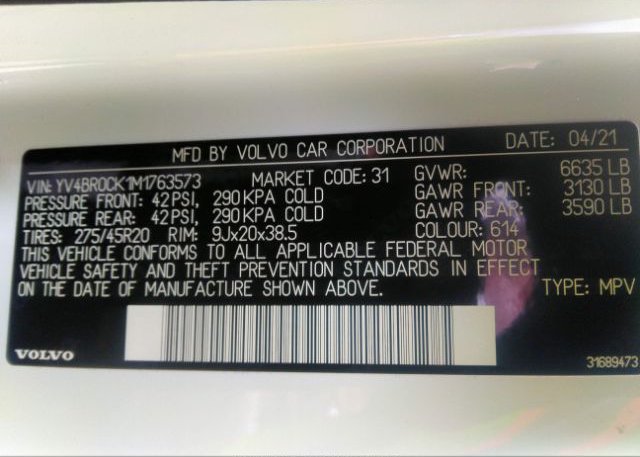 2021 VOLVO XC90(VIN: YV4BR0CK1M1763573