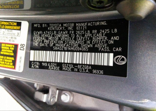 2021 LEXUS ES(VIN: 58ADZ1B14MU094065