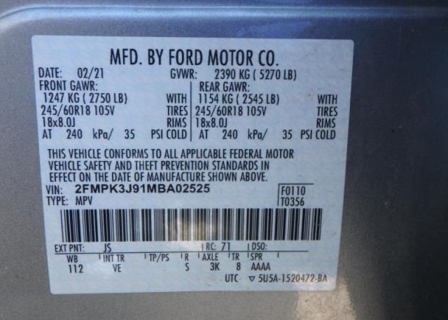 2021 FORD EDGE(VIN: 2FMPK3J91MBA02525