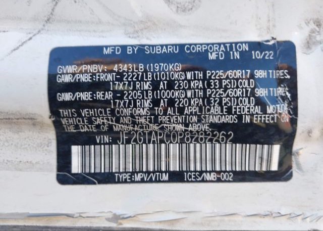 2023 SUBARU CROSSTREK PREMIUM(VIN: JF2GTAPC0P8282262