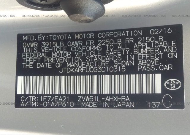 JTDKARFU0G3010315 2016 TOYOTA PRIUS
