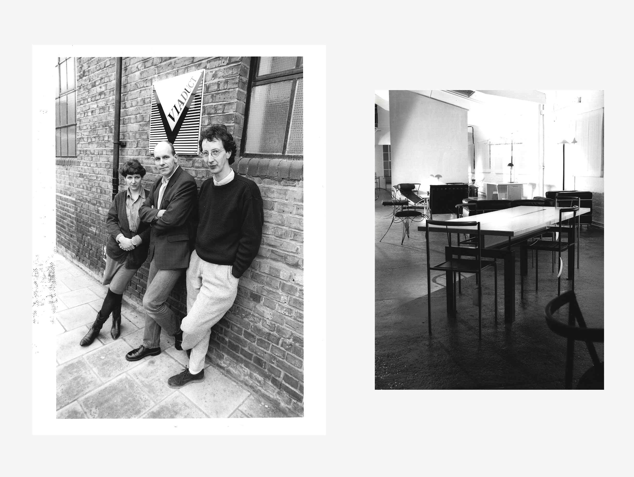 Left: L-R Kate Hayward, John Werner and James Mair. Right: Zeus Table and Sedia chair with Andre Dubreuil Ram chair in the background