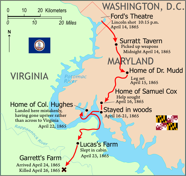 Map of John Wilkes Booth's final days after killing Lincoln, from Ford's Theatre to Garrett's Farm in present-day Caroline County, Virginia.