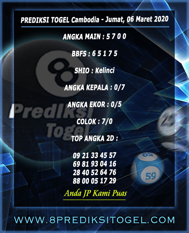 Prediksi togel dan bocoran togel Cambodia bergambar - Jumat, 06 Maret 2020