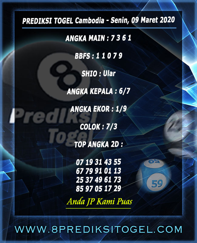 Prediksi togel dan bocoran togel Cambodia bergambar - Senin, 09 Maret 2020