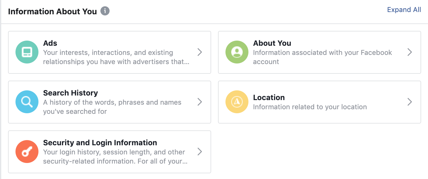 Screenshot of “Your Facebook Information”