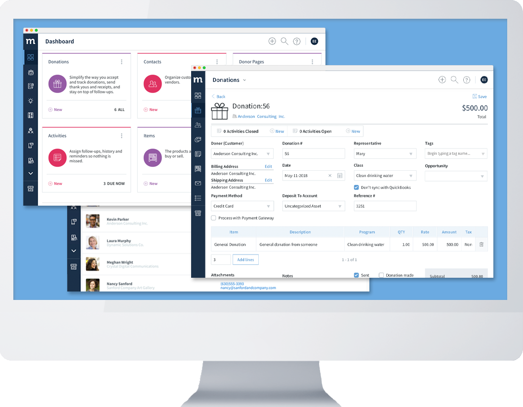 Computer showing multiple Method nonprofit CRM screens