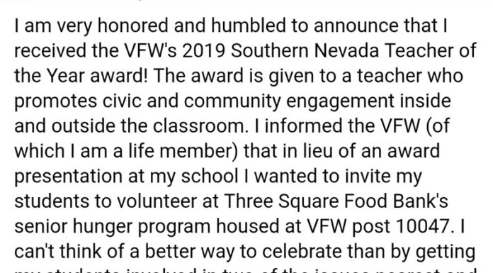 VFW presents the VFW Southern Nevada Teacher of the Year to Cpl. Reuben D’Silva (USMC ret.)