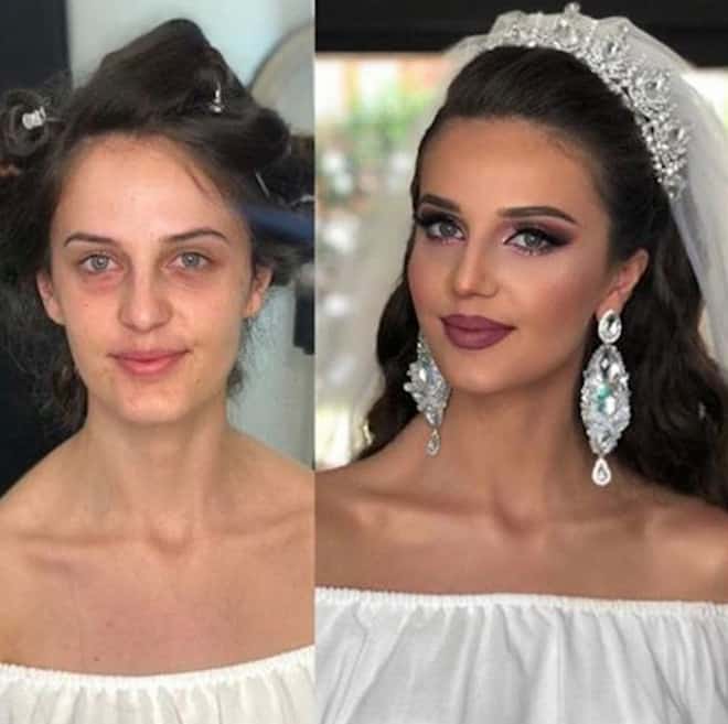 a makeup artist shares before and after beauty transformations that show how brides glam up for their big day