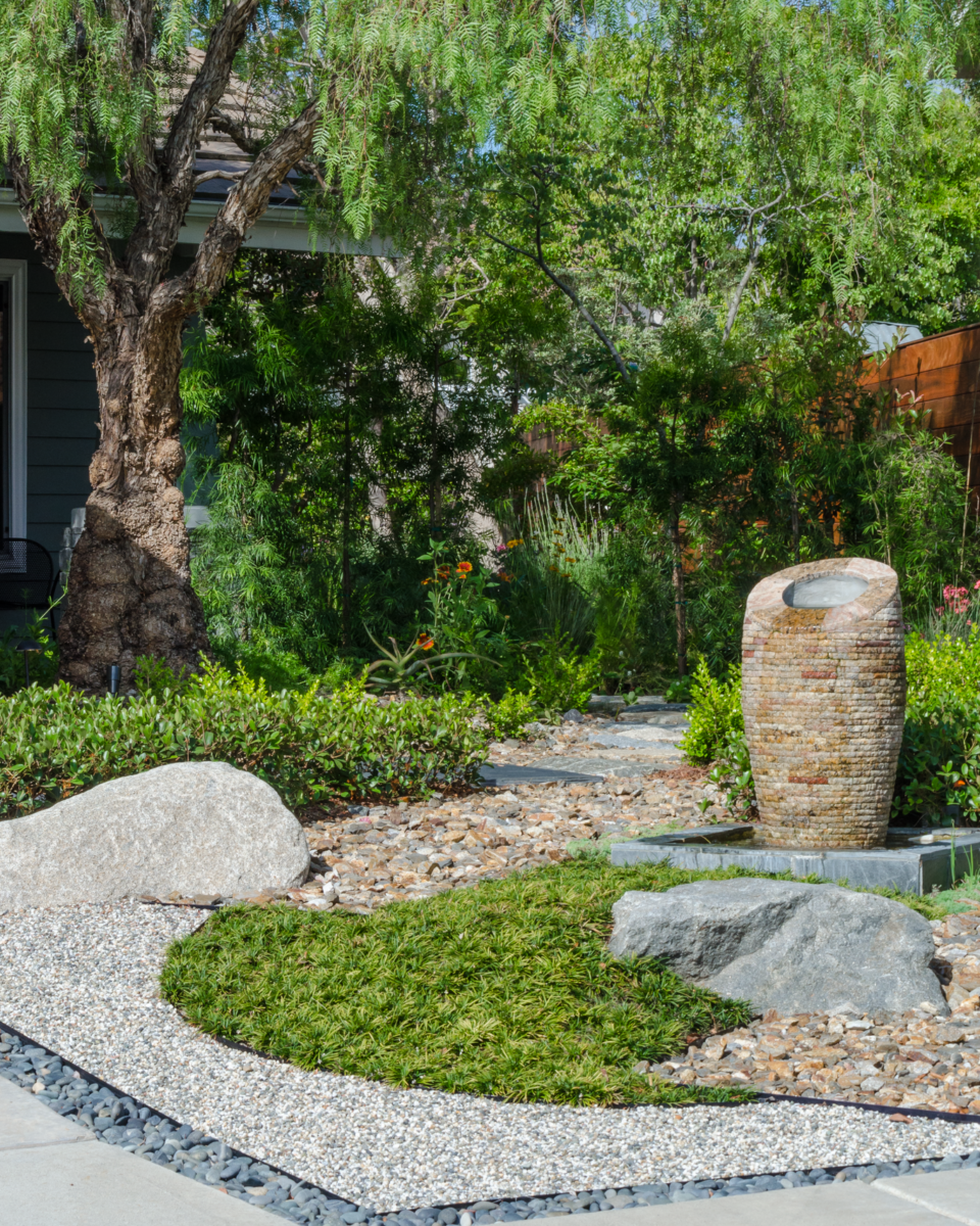 Zen garden pathway with crushed rock and sand