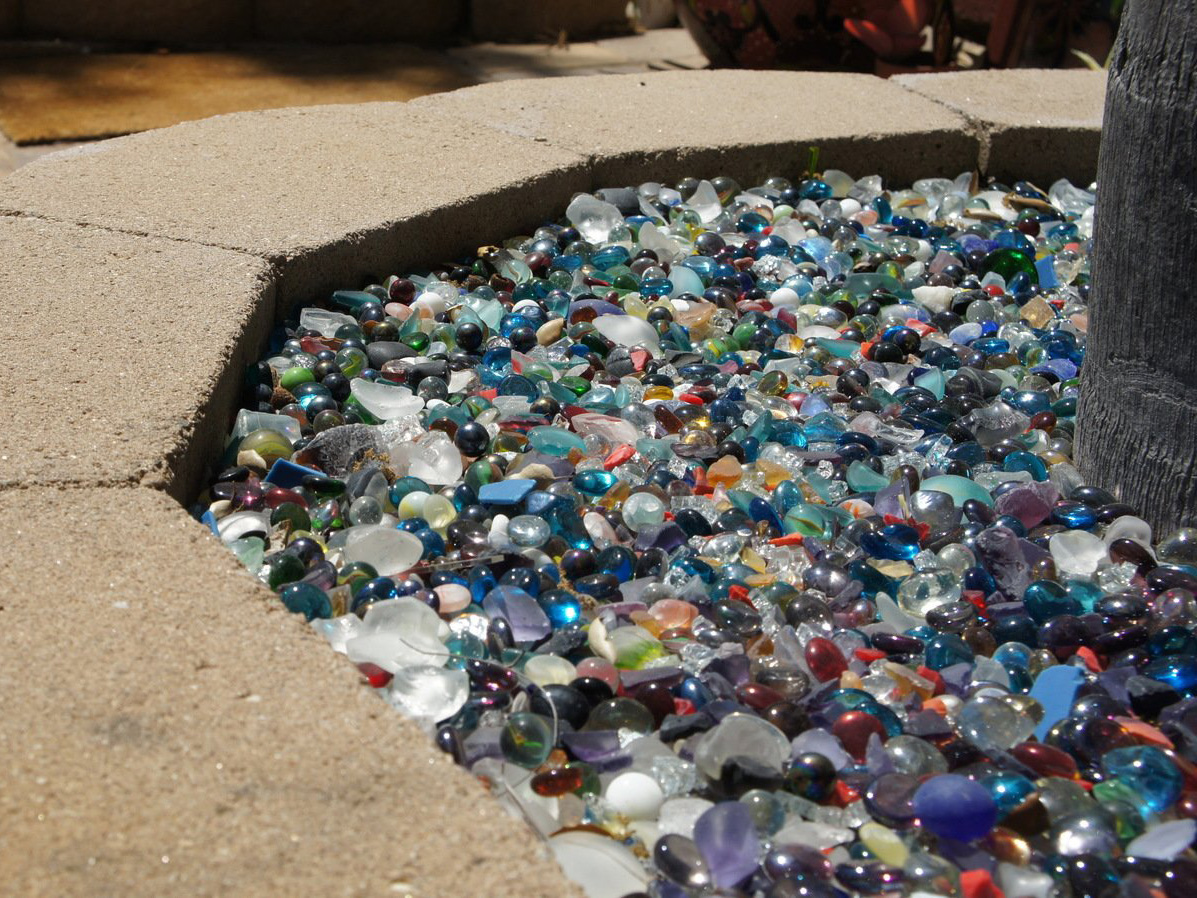 Multi colored glass in mosaic rock garden