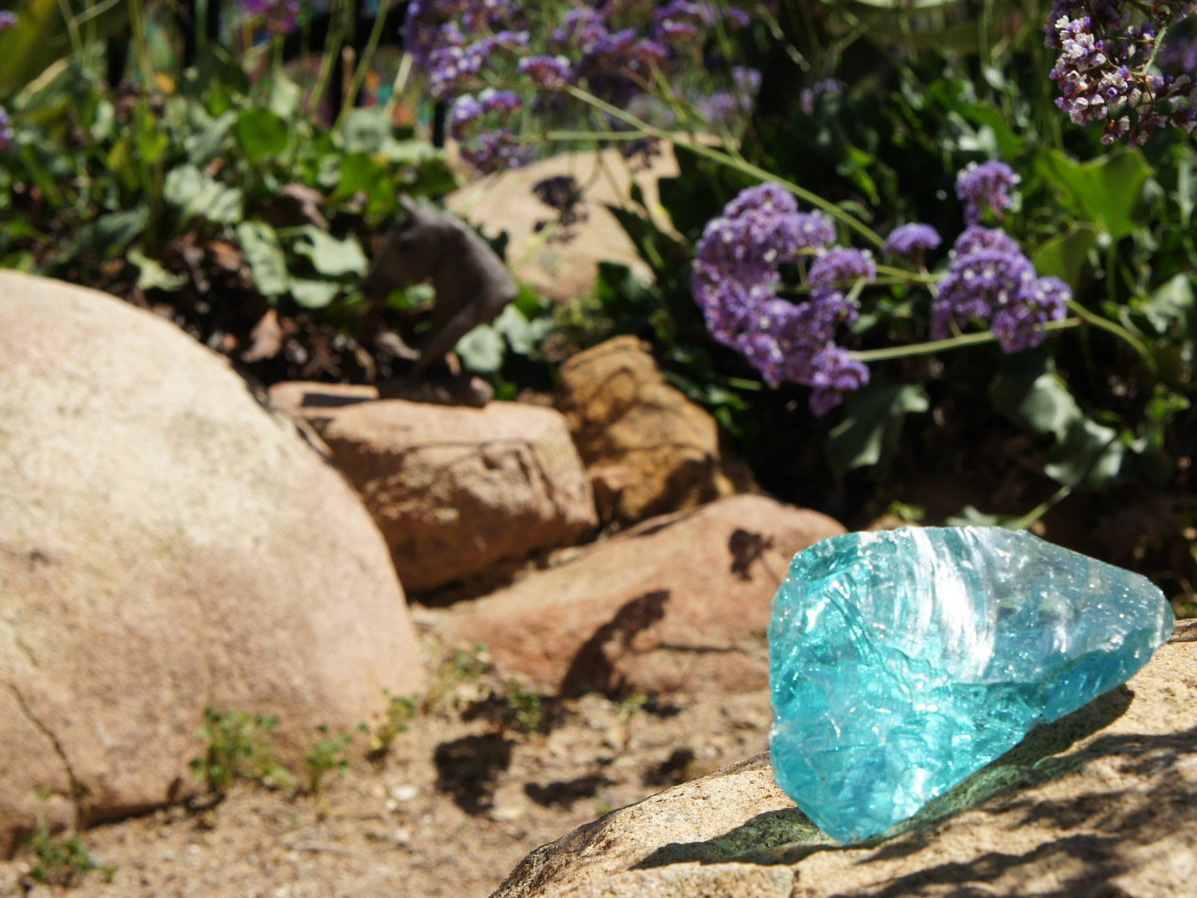Landscape glass piece in mosaic rock garden