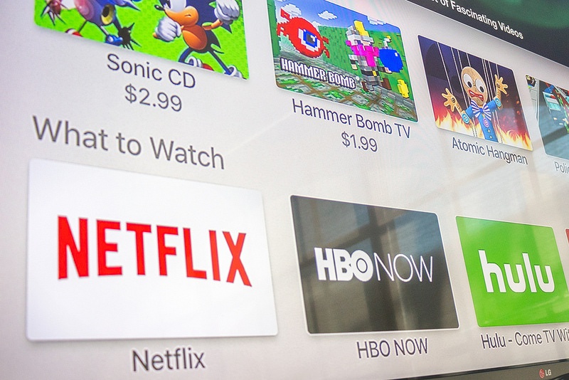 An Array of Apple TV apps An array of Apple TV apps: Sonic CD, Hammer Bomb TV, Atomic Hangman, Netflix, HBO Now, and Hulu
