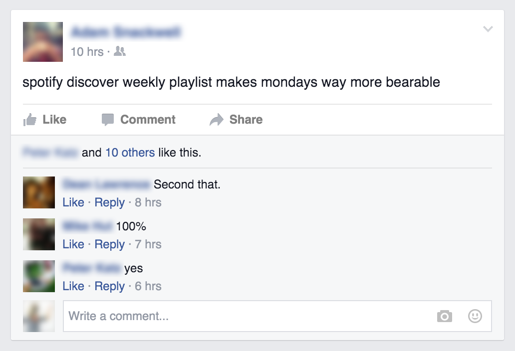 Screenshot of Facebook users talking about Spotify's Discover Weekly Facebook users gush over Spotify Discover weekly